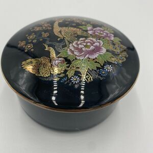 Vintage Japan Asahi Porcelain Peacock Flower Trinket Jewelry Vanity Box with Lid